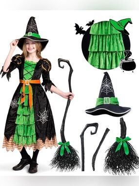 NWT Green & Black Witch Costume Halloween Dress, Hat & Broom sz L (10-12 years)